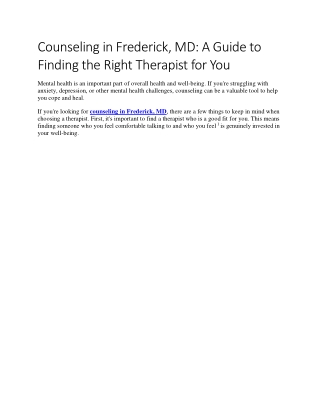 Counseling in Frederick MD  A Guide to Finding the Right Therapist for You
