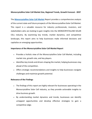 Monocrystalline Solar Cell Market Size, Regional Trends, Growth Forecast - 2037