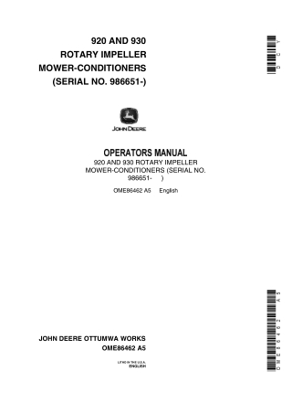 John Deere 920 Rotary Impeller Mower-Conditioners Operator’s Manual Instant Download (PIN986651-) (Publication No.OME864