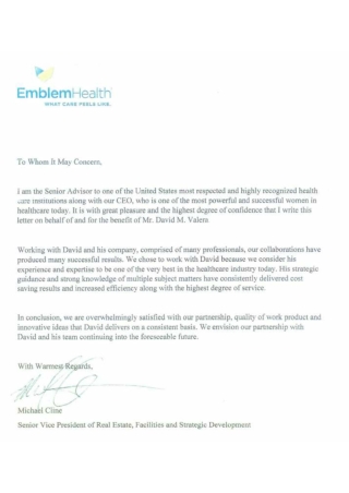 Recommendation Letter for Mr. David M. Valera – EmblemHealth