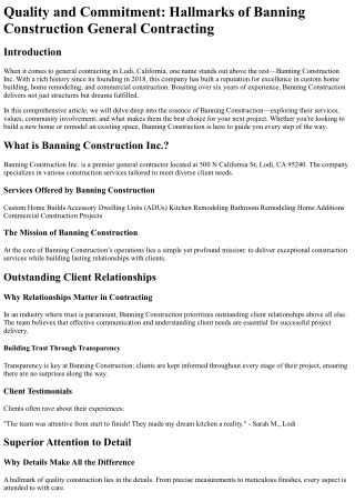 Quality and Commitment Hallmarks of Banning Construction General Contracting