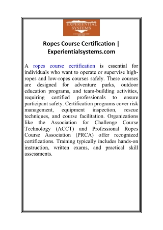 Ropes Course Certification  Experientialsystems.com