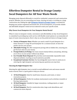 Effortless Dumpster Rental in Orange County: Socal Dumpsters