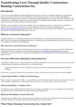 Transforming Lives Through Quality Construction - Banning Construction Inc.