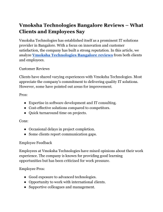 Vmoksha Technologies Bangalore Reviews – What Clients and Employees Say