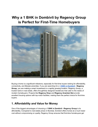 Why a 1 BHK in Dombivli by Regency Group is Perfect for First-Time Homebuyers