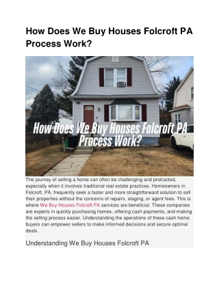 How Does We Buy Houses Folcroft PA Process Work
