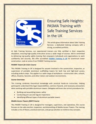 Ensuring Safe Heights PASMA Training with Safe Training Services in the UK