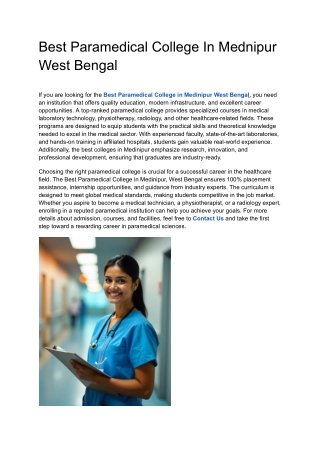 Best Paramedical College In Mednipur West Bengal