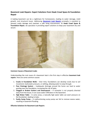 Basement Leak Repairs- Expert Solutions from Hawk Crawl Space & Foundation Repair