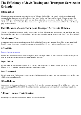 The Efficiency of Javis Towing and Transport Services in Orlando