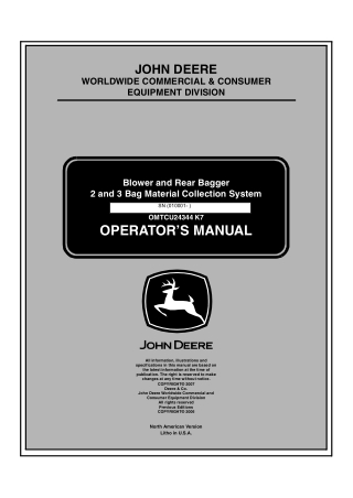 John Deere 2 and 3 Bag Material Collection System Blower and Rear Bagger Operator’s Manual Instant Download (PIN010001-)
