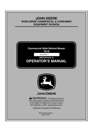 John Deere 7G18 Commercial Walk Behind Mower Operator’s Manual Instant Download (PIN020001- ) (Publication No.OMTCU21435