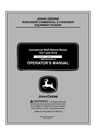 John Deere 7H19 Commercial Walk Behind Mower Operator’s Manual Instant Download (7H19 PIN020001-) (Publication No.OMTCU2