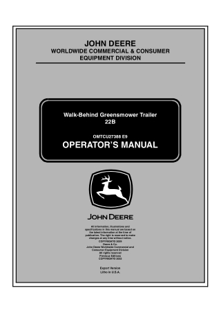 John Deere 22B Walk-Behind Greensmower Trailer Operator’s Manual Instant Download (Publication No.OMTCU27388)