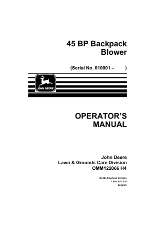 John Deere 45BP Backpack Blower Operator’s Manual Instant Download (PIN010001-) (Publication No. OMM122066)