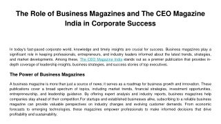 The Role of Business Magazines and The CEO Magazine India in Corporate Success