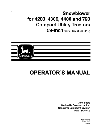 John Deere 59-Inch Snowblower for 4200 4300 4400 and 790 Compact Utility Tractors Operator’s Manual Instant Download (PI
