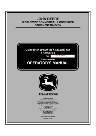 John Deere 60 Quick Hitch Broom for X400X500 and X700 Series Lawn and Garden Tractors Operator’s Manual Instant Download