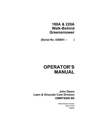 John Deere 180A Walk-Behind GreensMower Operator’s Manual Instant Download (PIN030001-) (Publication No.OMMT6006)