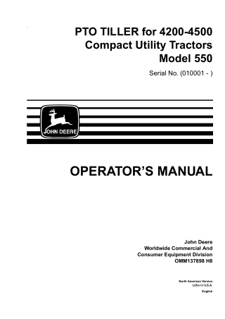 John Deere 550 PTO TILLER for 4200-4500 Compact Utility Tractors Operator’s Manual Instant Download (PIN010001-) (Public