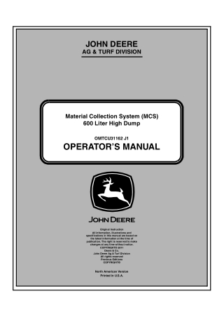 John Deere 600 Liter High Dump Material Collection System (MCS) Operator’s Manual Instant Download (PIN150001-) (Publica