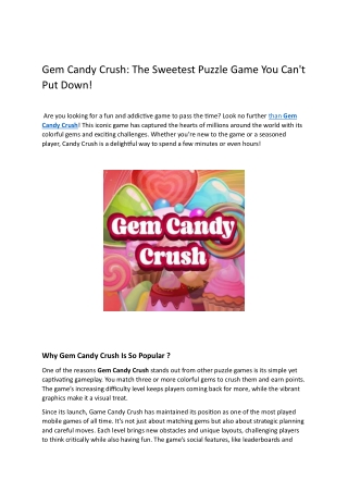Gem Candy Crush: The Sweetest Puzzle Game You Can't Put Down!