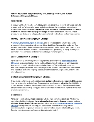 Achieve Your Dream Body with Tummy Tuck, Laser Liposuction, and Buttock Enhancement Surgery in Chicago