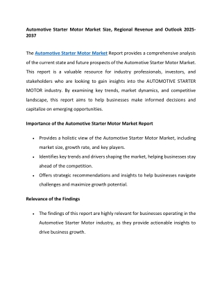 Automotive Starter Motor Market Size, Regional Revenue and Outlook 2025-2037