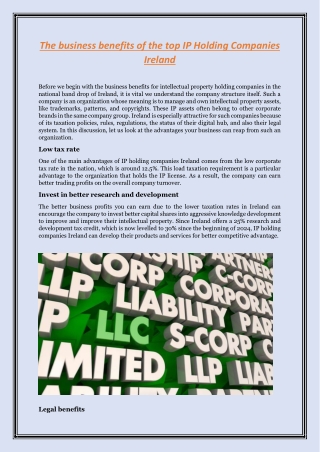 The business benefits of the top IP Holding Companies Ireland