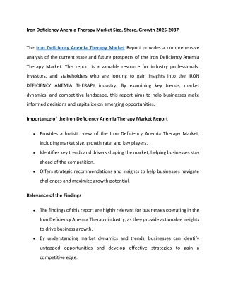 Iron Deficiency Anemia Therapy Market Size, Share, Growth 2025-2037
