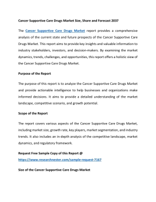 Cancer Supportive Care Drugs Market Size, Share and Forecast 2037