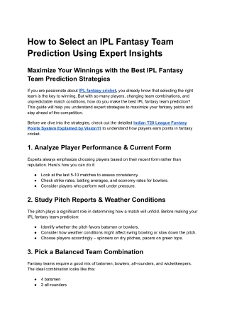 How to Select an IPL Fantasy Team Prediction Using Expert Insights