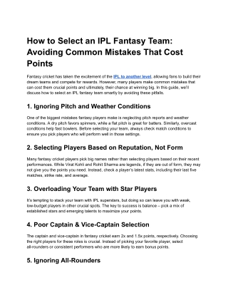 How to Select an IPL Fantasy Team: Avoiding Common Mistakes That Cost Points