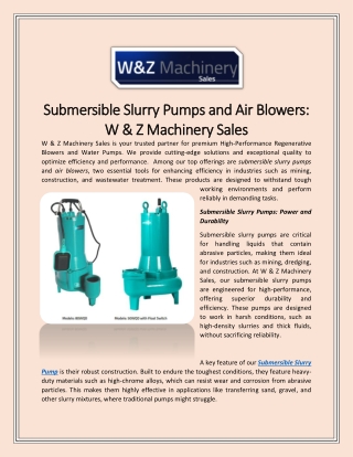 Submersible Slurry Pumps and Air Blowers W & Z Machinery Sales