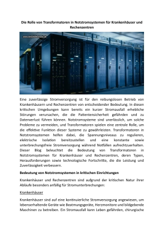 Die Rolle von Transformatoren in Notstromsystemen für Krankenhäuser und Rechenzentren