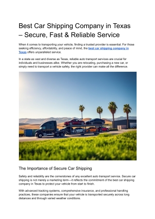 Best Car Shipping Company in Texas – Secure, Fast & Reliable Service