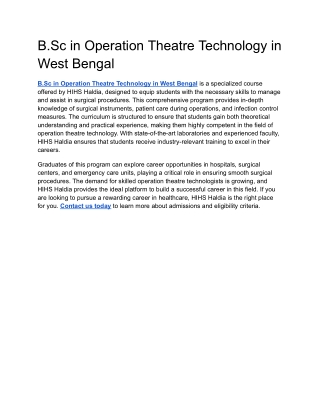 B.Sc in Operation Theatre Technology in West Bengal