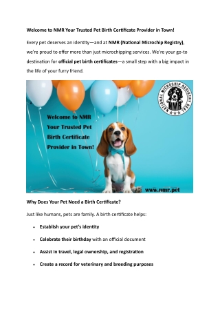 Welcome to NMR Your Trusted Pet Birth Certificate Provider in Town