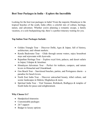 Best Tour Packages in India  Explore the Incredible