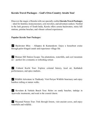 Kerala Travel Packages God's Own Country Awaits You