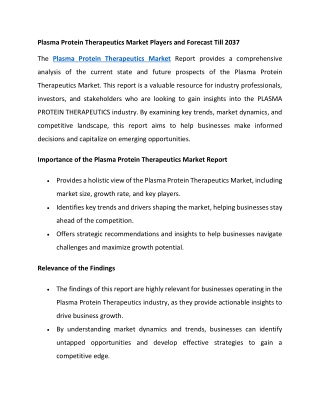 Plasma Protein Therapeutics Market Players and Forecast Till 2037