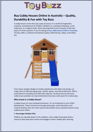 Buy Cubby Houses Online in Australia – Quality, Durability & Fun with Toy Buzz 