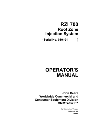 John Deere RZI 700 Root Zone Injection System Operator’s Manual Instant Download (PIN010101-) (Publication No.OMMT4057)