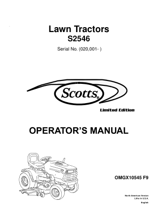 John Deere S2546 Scotts Lawn Tractors Operator’s Manual Instant Download (PIN020001-) (Publication No.OMGX10545)