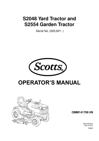 John Deere S2554 Garden Tractor Operator’s Manual Instant Download (PIN020001-) (Publication No.OMM141709)