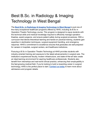 Best B.Sc. in Radiology & Imaging Technology in West Bengal