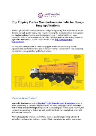 Top Tipping Trailer Manufacturers in India for Heavy-Duty Applications
