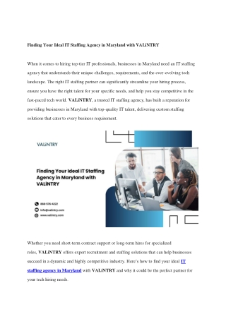 Finding Your Ideal IT Staffing Agency in Maryland with VALiNTRY