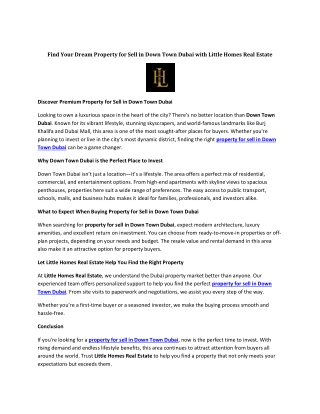 Find Your Dream Property for Sell in Down Town Dubai with Little Homes Real Estate